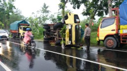 Truck Warga Jember Terguling di Jalan Licin Tekung Lumajang