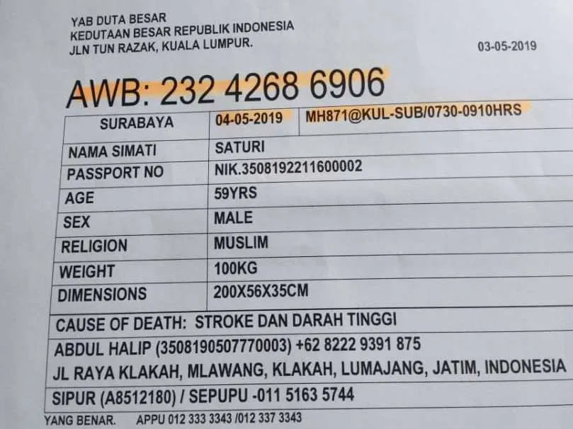 JenazahTKI Asal Klakah Meninggal di Malaysia Dipulangkan Besok