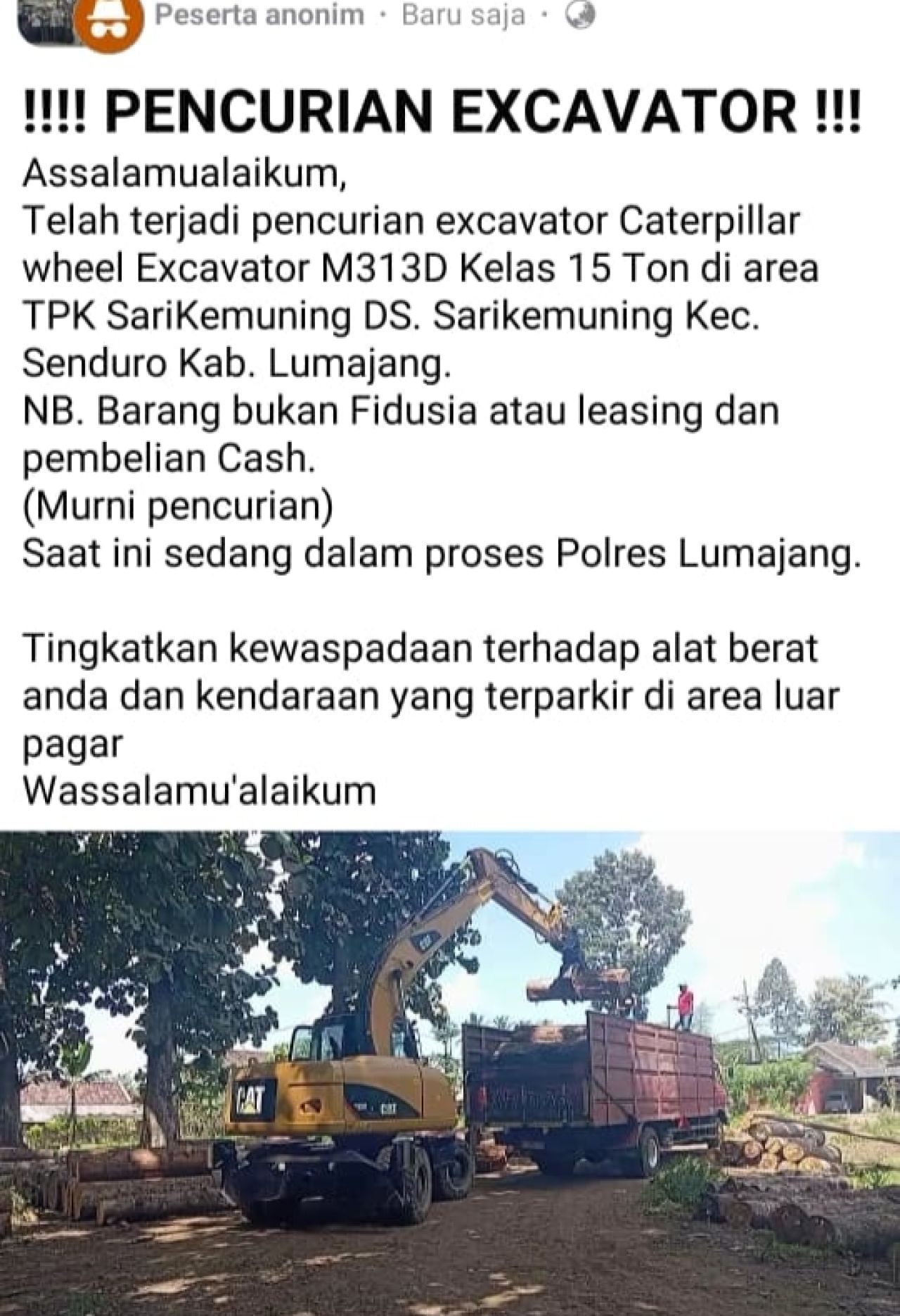 Excavator 15 Ton Raib Digondol Pencuri di Lumajang