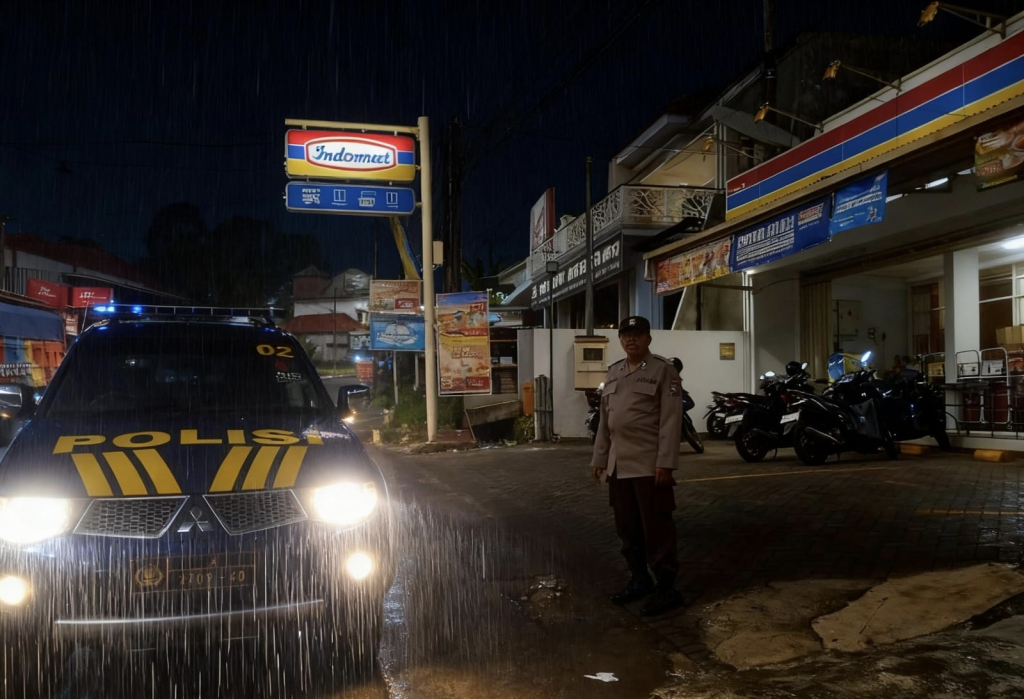 Anggota Polsek Pronojiwo ketika melakukan patroli dimalam hari