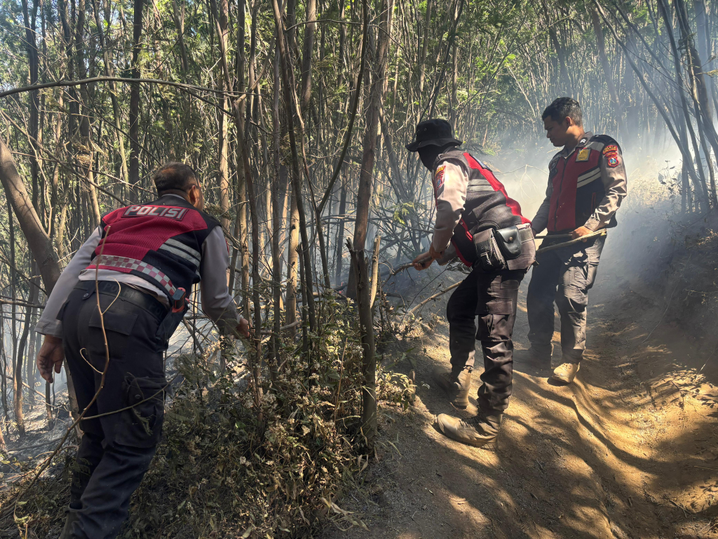 Lereng Semeru Terbakar, Polisi dan Petugas Gabungan Berjibaku Padamkan Api di Medan Terjal